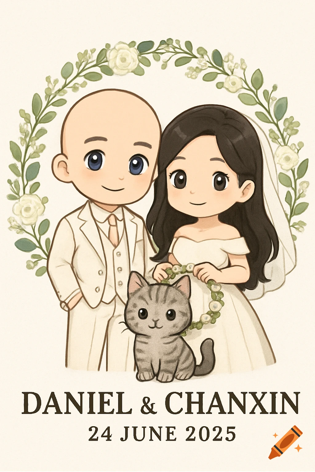 Chibi style illustration of a wedding couple and cat within a floral wreath, with names and date.