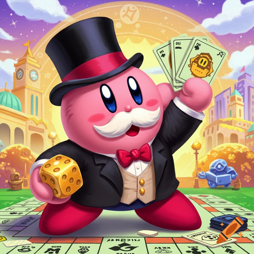 Cartoon Kirby in a suit and top hat holding dice and cards, standing on a Monopoly board in a cityscape.