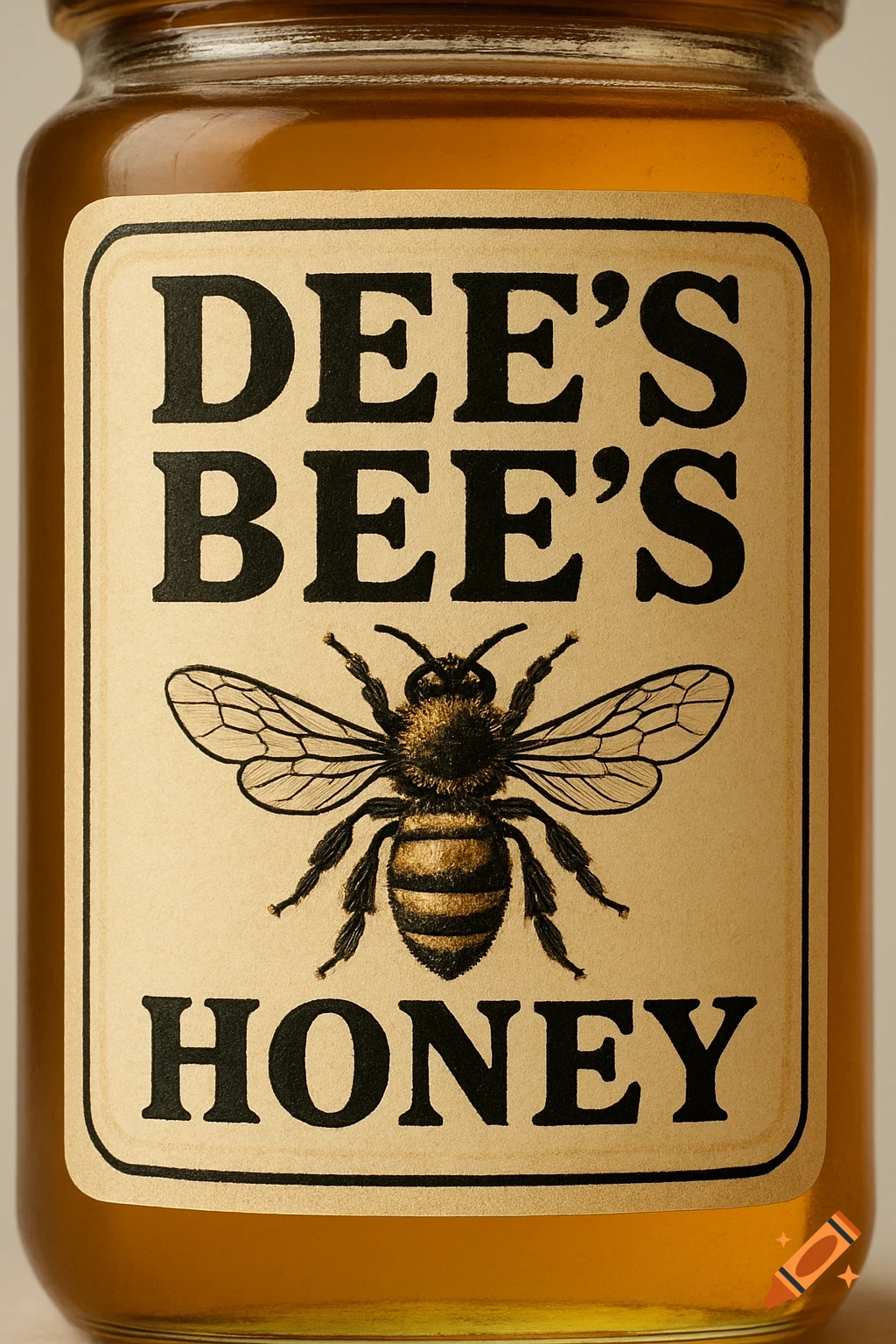 Close-up of a honey jar with a label featuring a bee illustration and the text 'DEE'S BEE'S HONEY'