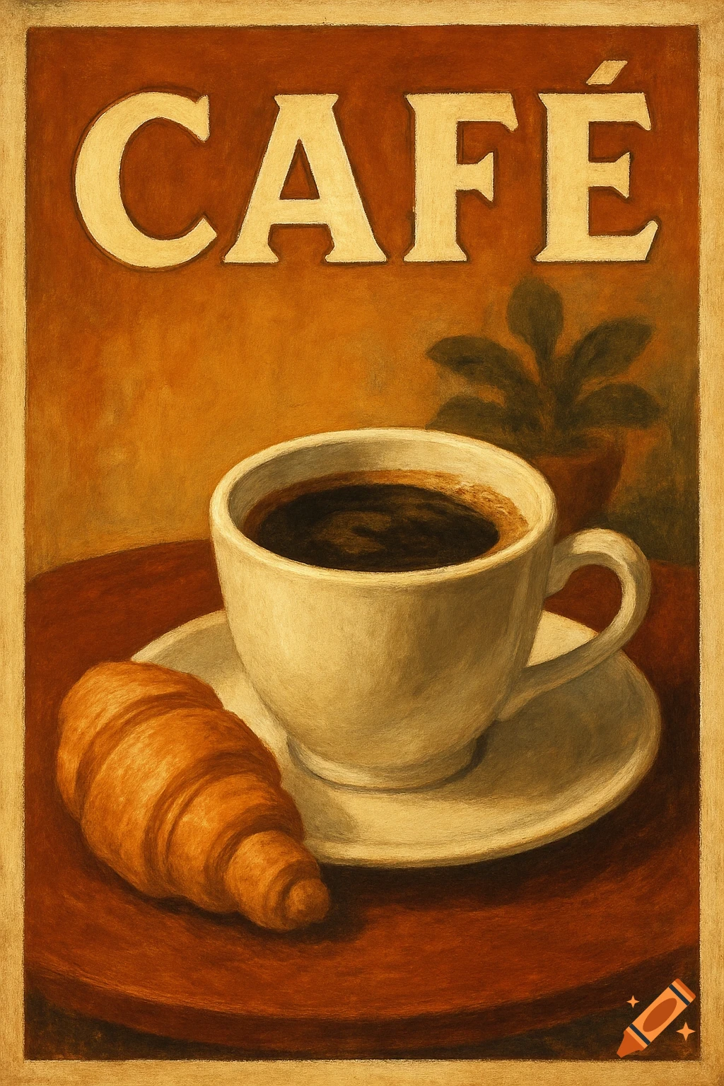Vintage cafe poster with a cup of coffee, a croissant, and the word 'CAFÉ' at the top.