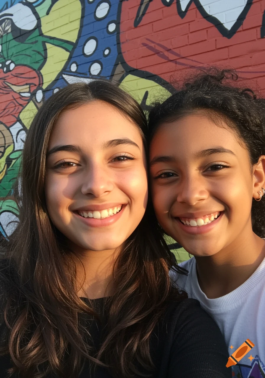 Selfie of two smiling girls in front of a colorful mural