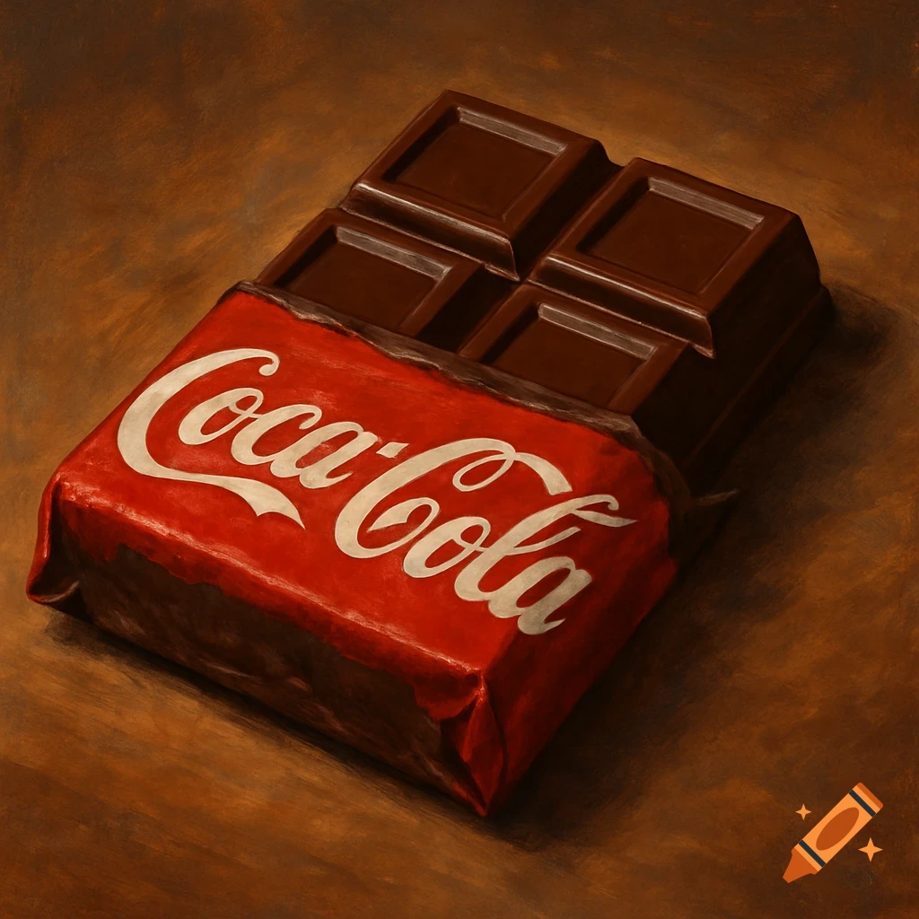 A close-up still life image of a chocolate bar with a red Coca-Cola wrapper.