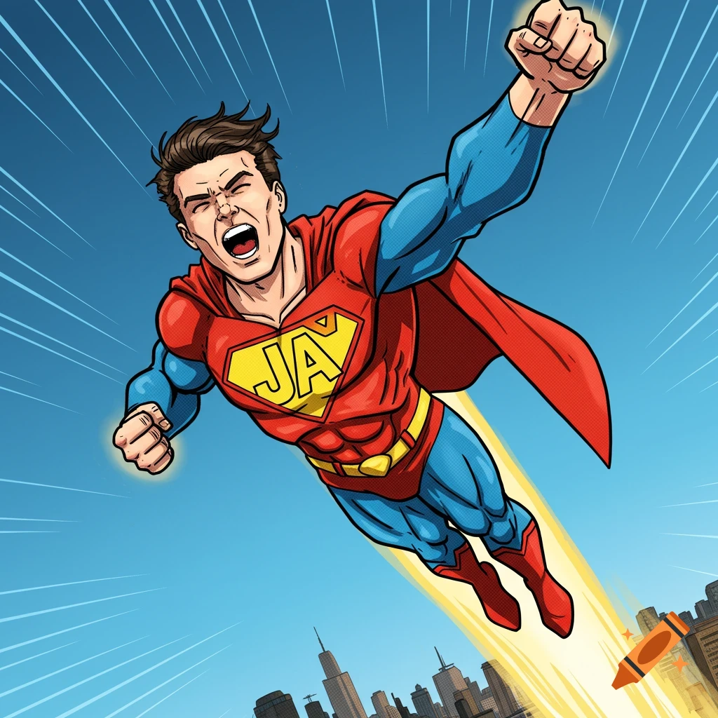 Comic book style illustration of a superhero with 'JA' on his chest flying over a city.