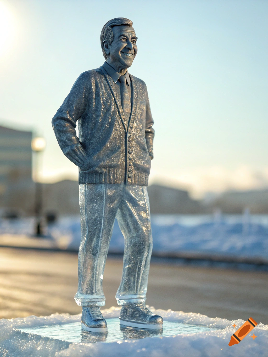 An ice sculpture of Mister Rogers stands on a block of ice in a sunny outdoor setting.