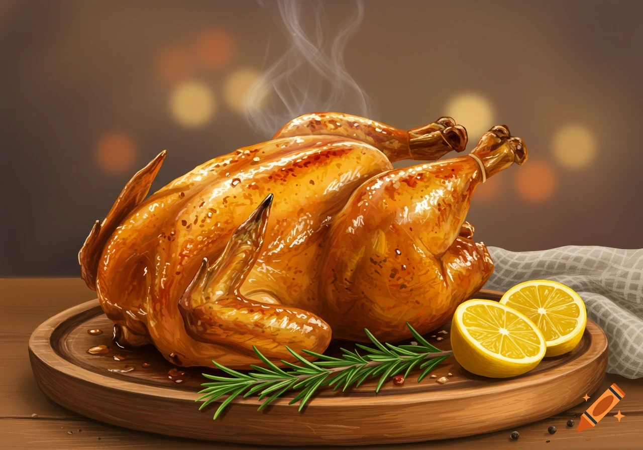 Roasted chicken on a wooden platter with rosemary and lemon slices. Steam rises from the golden-brown bird. Illustrated style.