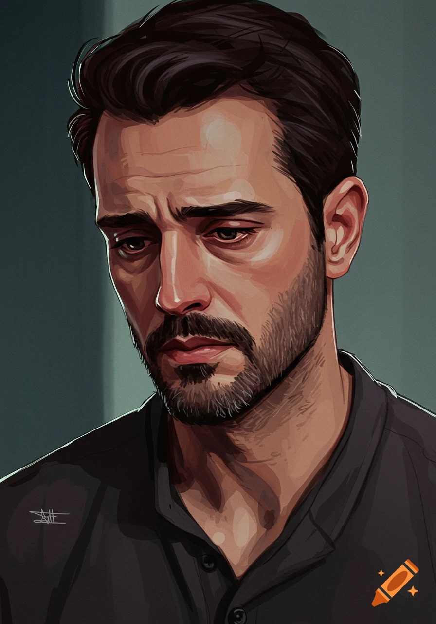 Digital painting portrait of a sad man looking down.
