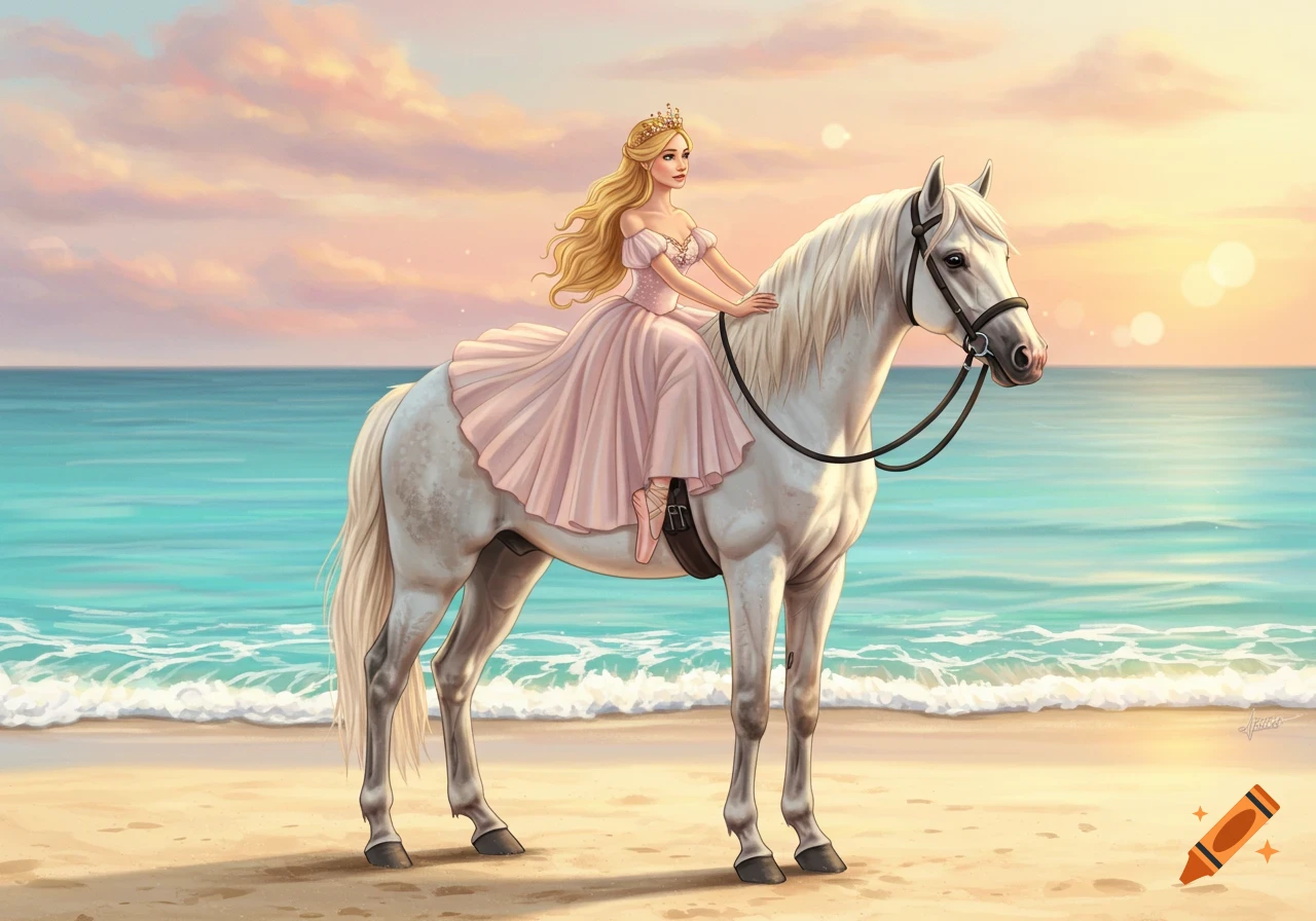 Digital painting of a princess in a pink dress riding a white horse on a beach at sunset.