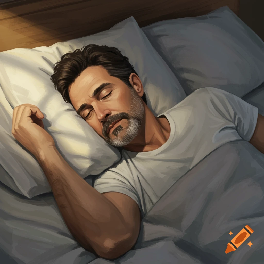 A man sleeps peacefully in bed. Illustrated painting style.