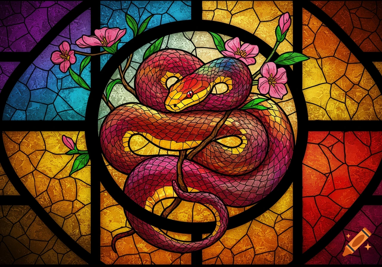 Stained glass image of a coiled snake surrounded by flowers.