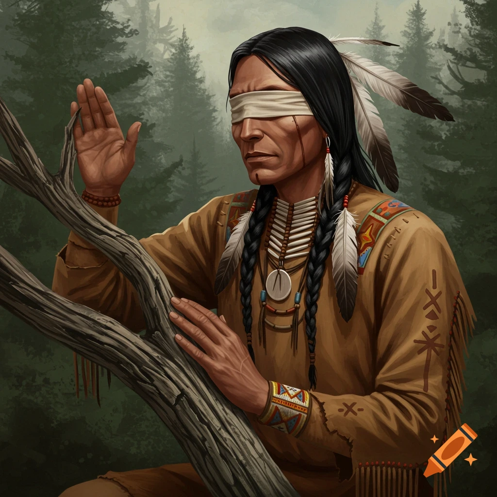 A blindfolded Native American man in traditional clothing leans on a tree branch in a forest.