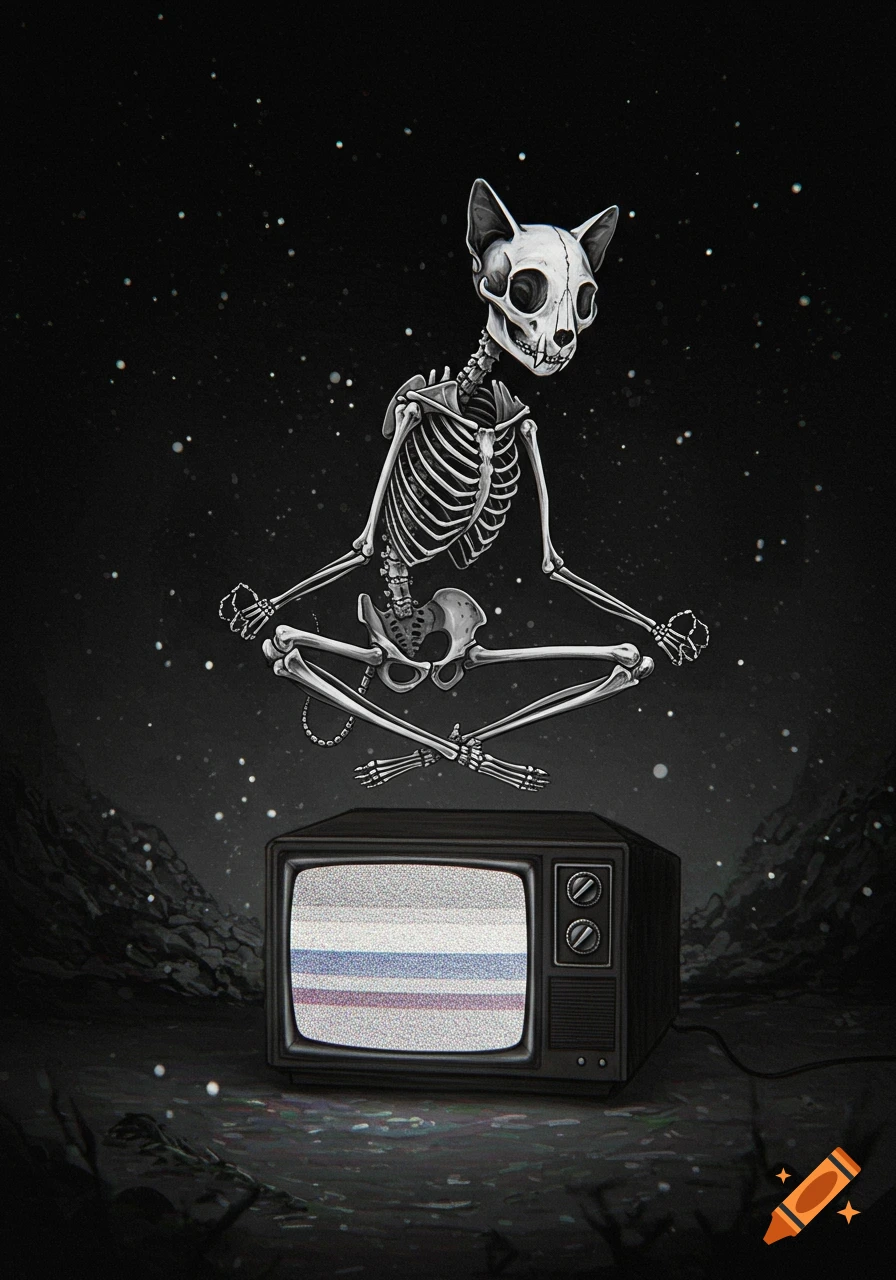 Illustration of a cat skeleton meditating in the air above a vintage television with static.