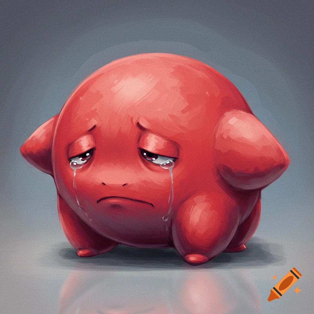 A red round cartoon character crying.