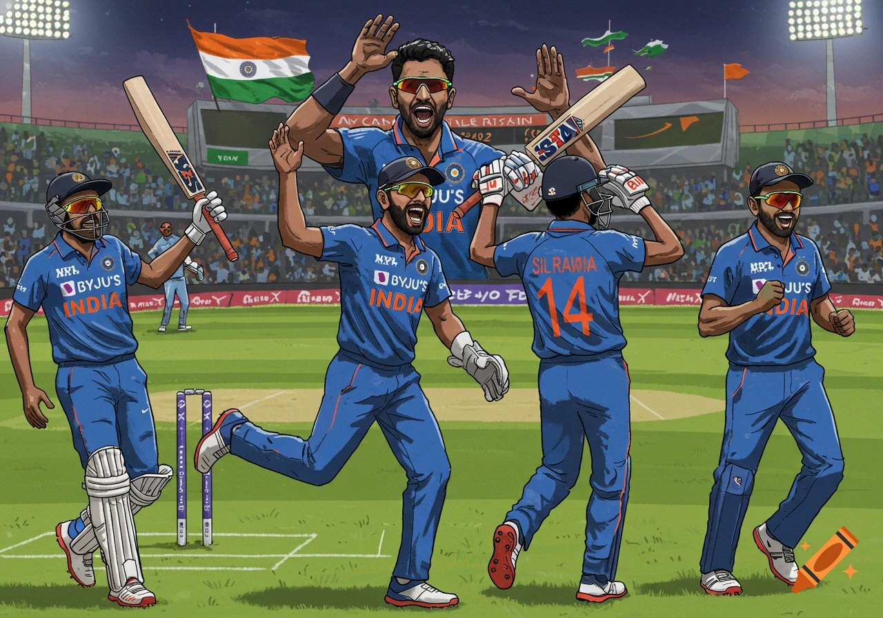 Illustration of Indian cricket players celebrating on the field.
