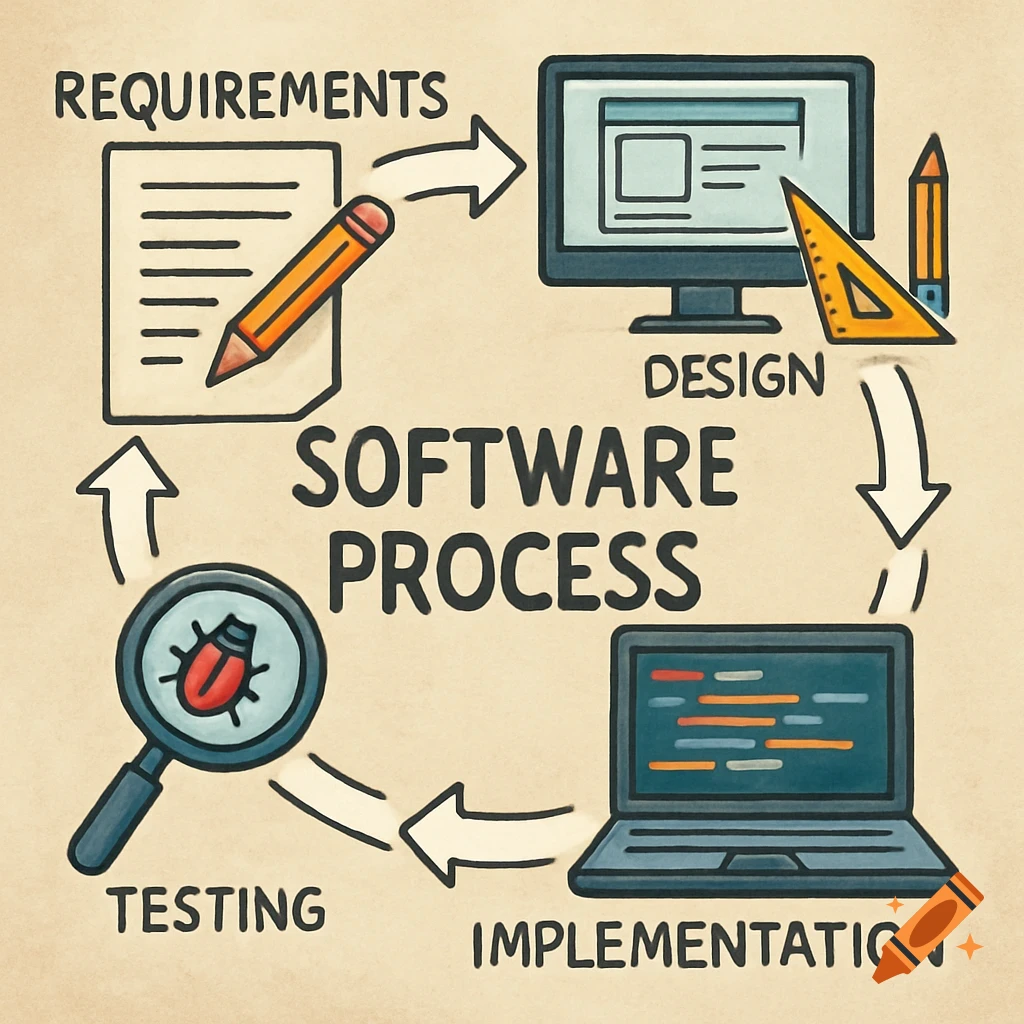 Hand-drawn illustration of the software development process diagram with labels.