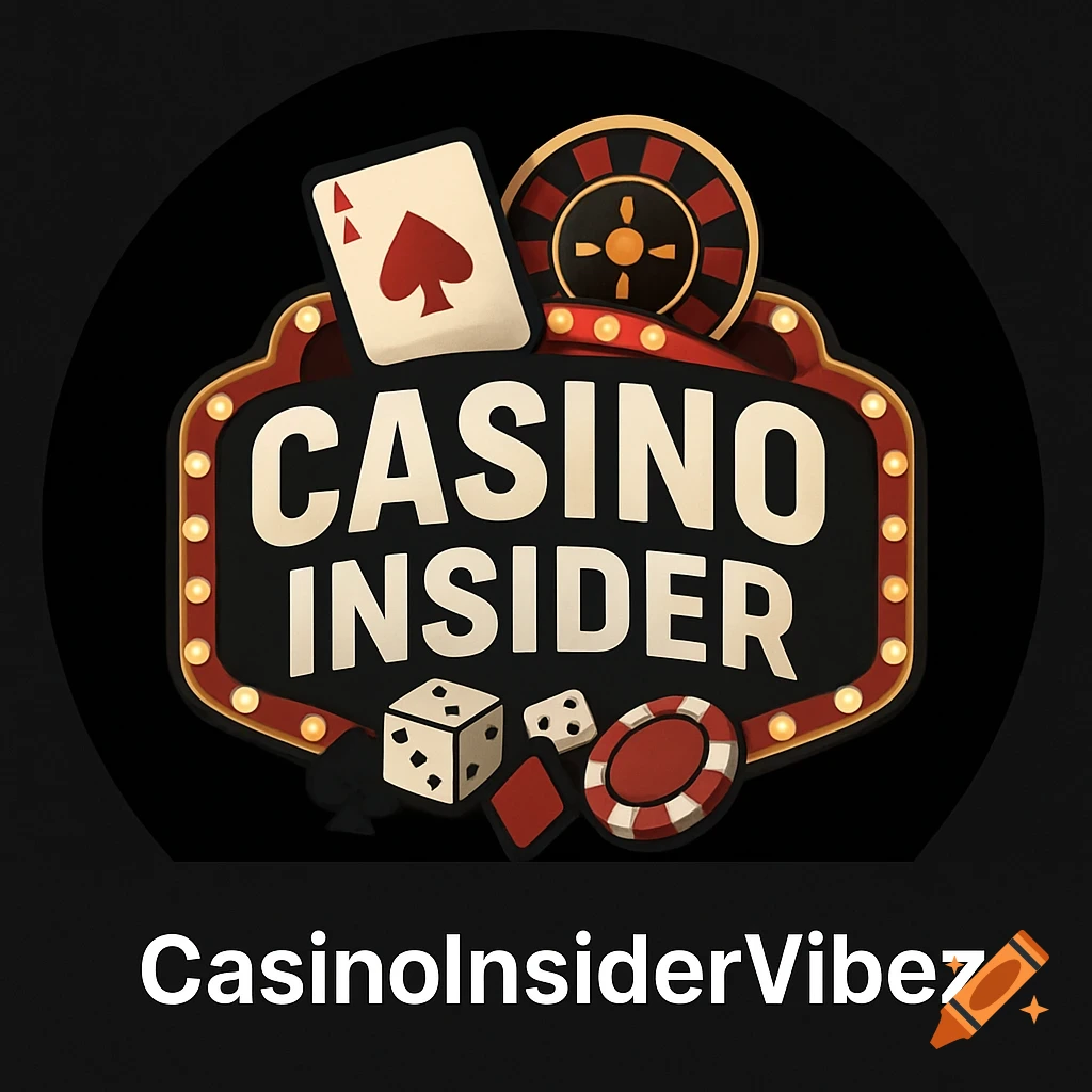 A casino logo with text, playing card, roulette wheel, dice, and chip on a black background.