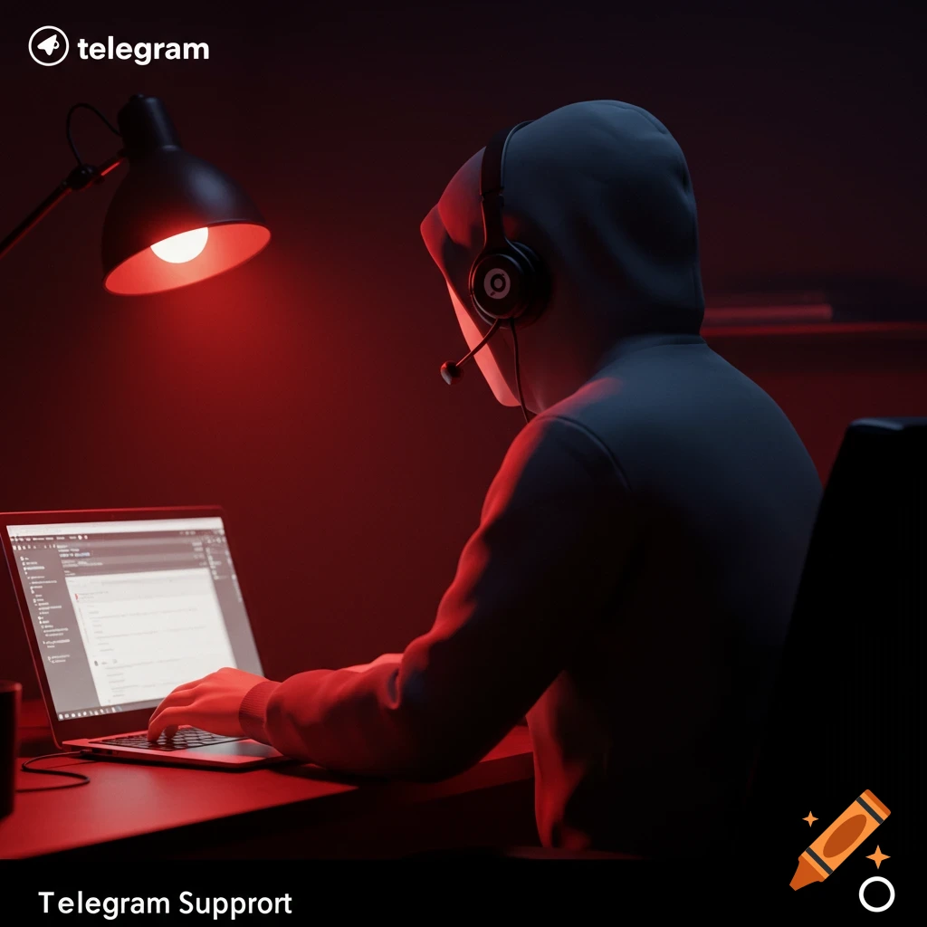 A person in a hoodie and headset uses a laptop in a dark room with red lighting. Stylized art.