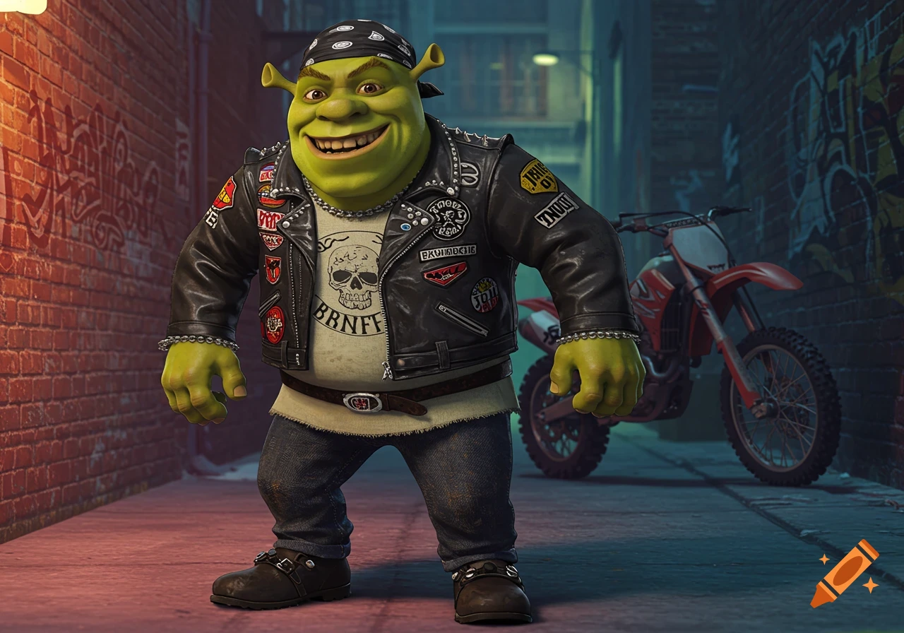 Shrek dressed in biker gear stands in an alley next to a dirt bike.
