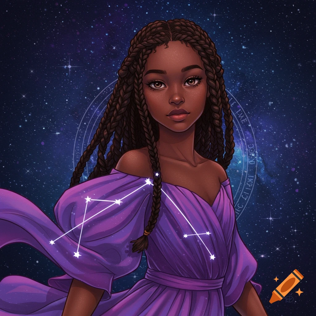 Digital art portrait of a Black girl with braided hair wearing a purple dress, with constellation lines on her shoulder against a starry background.
