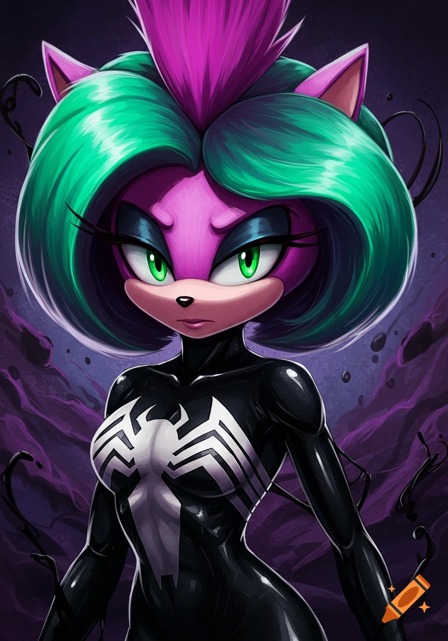 Illustration of a purple and green Sonic-like character wearing a tight black Venom suit.