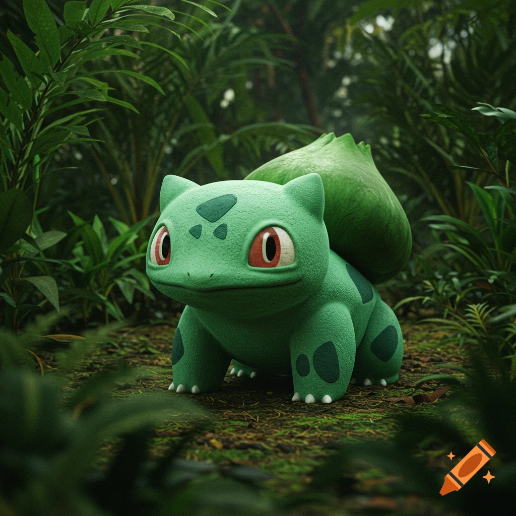 A realistic photo of Bulbasaur in a jungle setting.