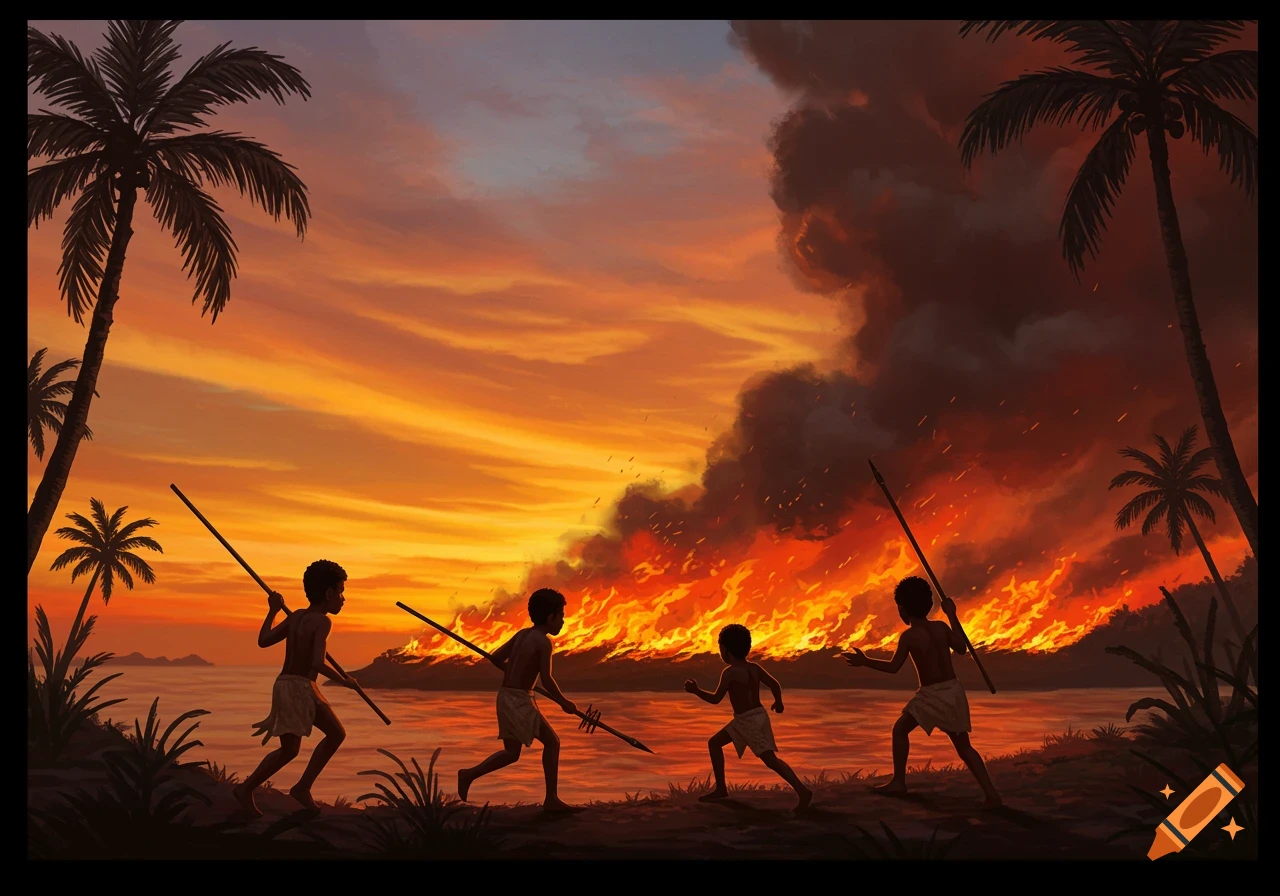 Boys with spears against a burning tropical island sunset, artistic style