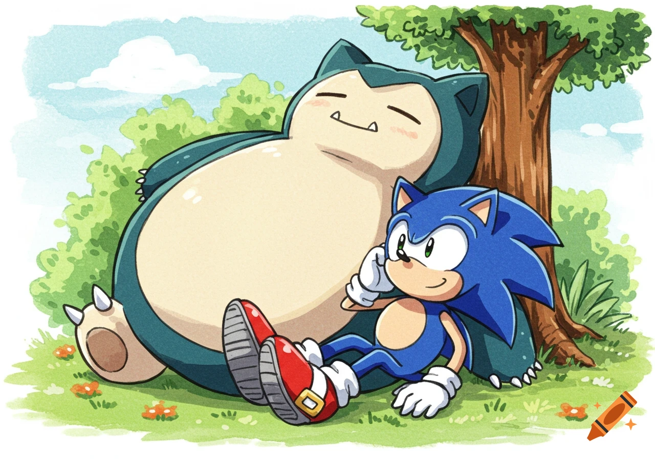 Snorlax and Sonic relax under a tree in a watercolor cartoon style.