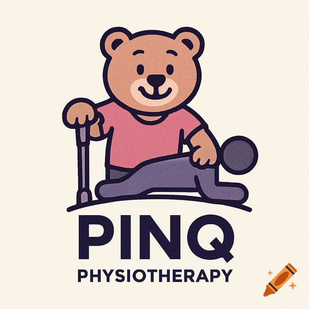 A cartoon bear mascot holding a cane, sitting above the text "PINQ PHYSIOTHERAPY".
