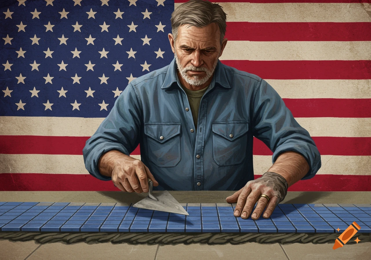 An illustration of a man laying blue tiles with a US flag in the background