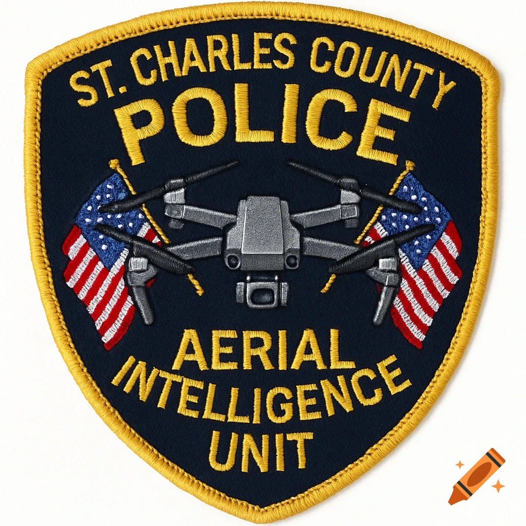 Police patch for St. Charles County Aerial Intelligence Unit featuring a drone and American flags.