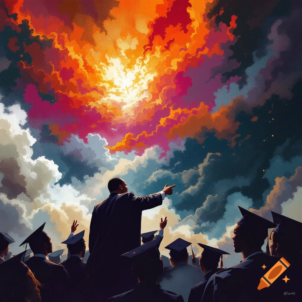 Speaker points to a vibrant, cloudy sky before a group of graduates.
