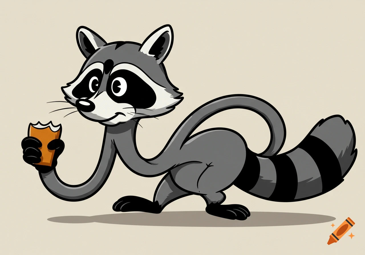 A rubber hose style cartoon raccoon holds a biscuit