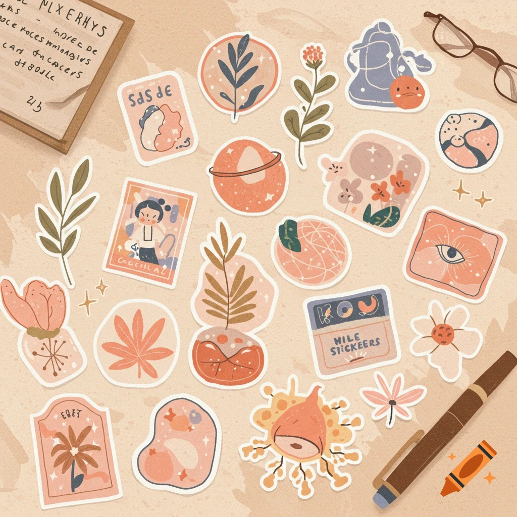 Collection of indie aesthetic stickers with illustrations of plants, planets, and abstract shapes on a desk.