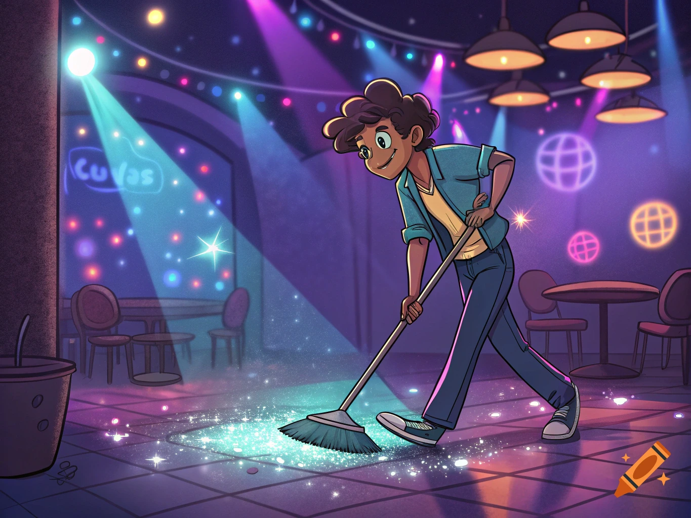 Cartoon young person sweeping a sparkly floor in a neon-lit nightclub with glowing disco balls.