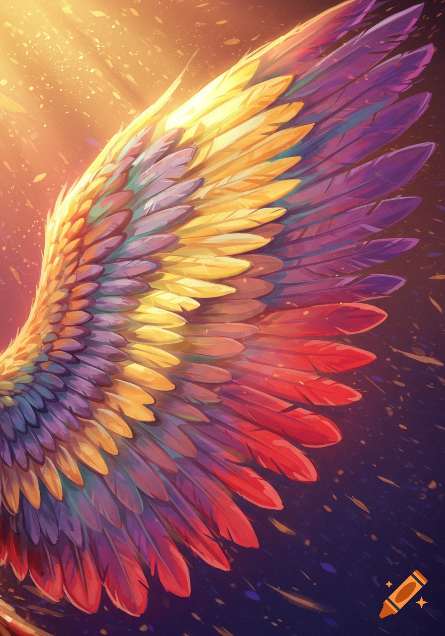 Close-up of a brightly colored wing with multi-colored feathers and sunlight.