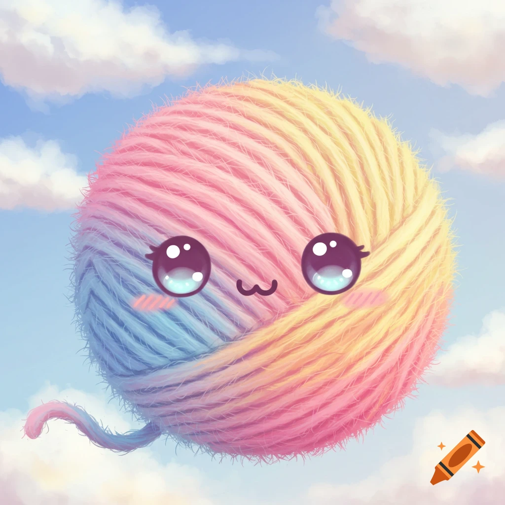 A cute, colorful ball of yarn with eyes and a mouth floats in a cloudy sky, in kawaii illustration style.