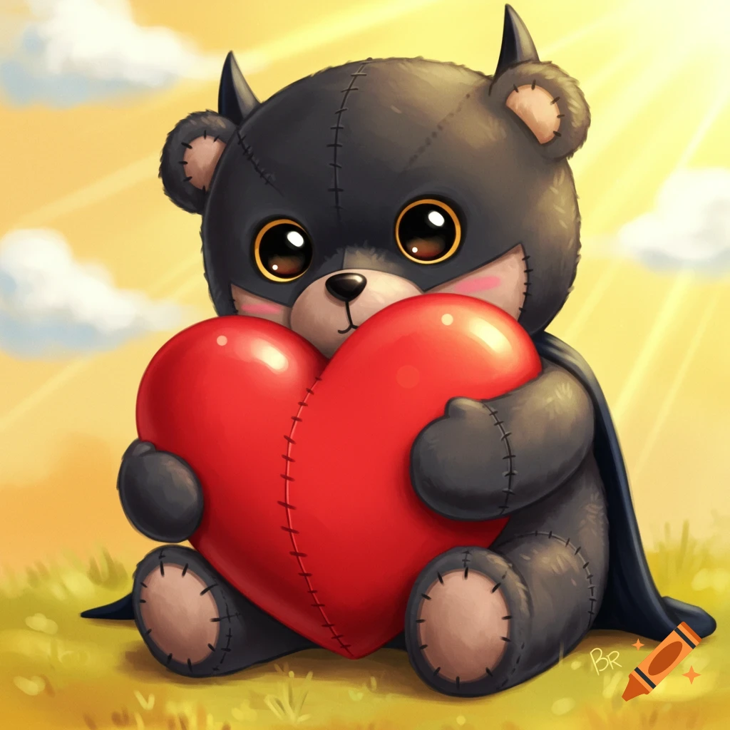 Cute cartoon teddy bear dressed as Batman hugging a red heart against a sunny background.