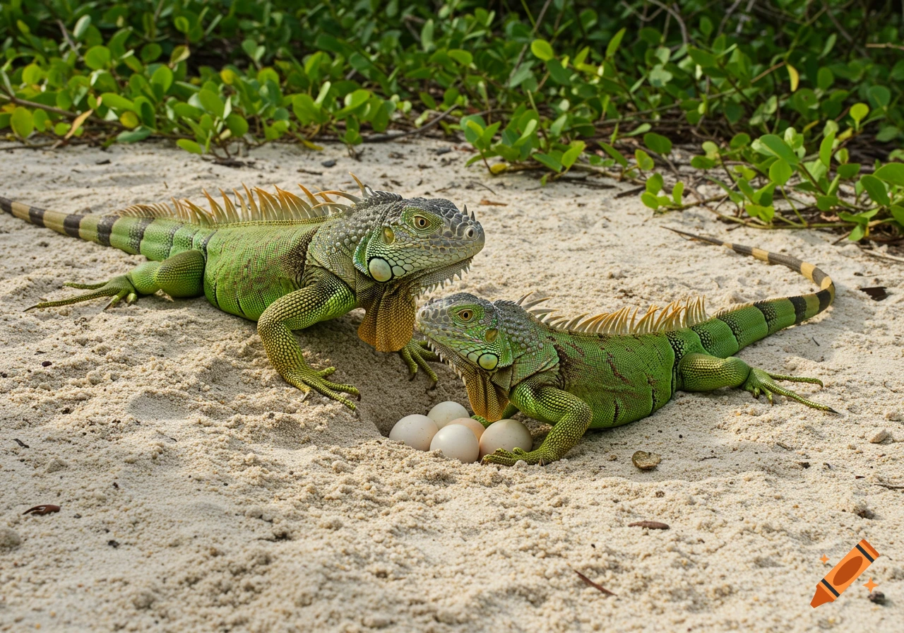 Two green iguanas on sand next to a nest of eggs with greenery behind them.