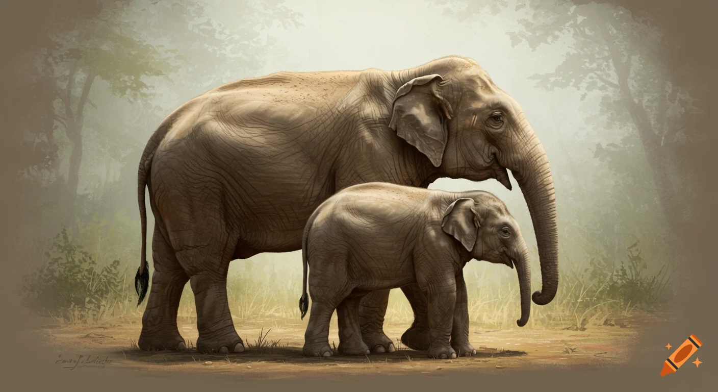 An adult elephant and a baby elephant stand next to each other in a natural setting, painted style.