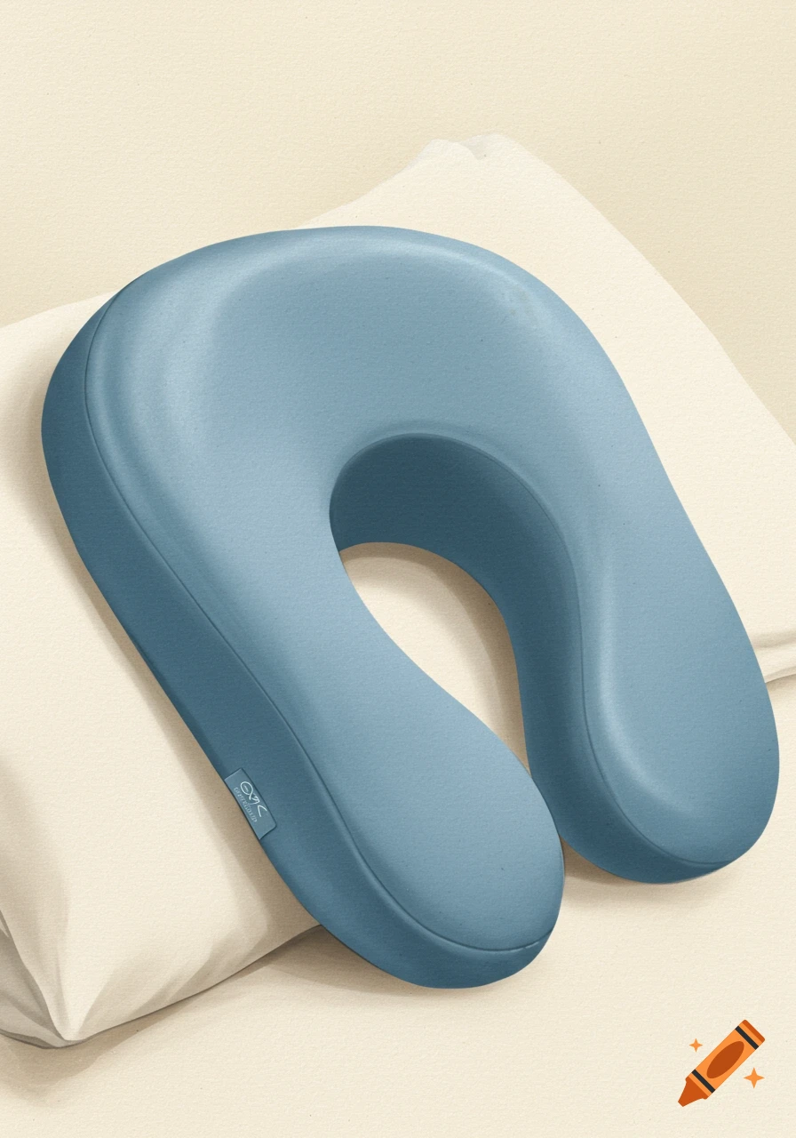 A blue cervical pillow rests on a white surface.