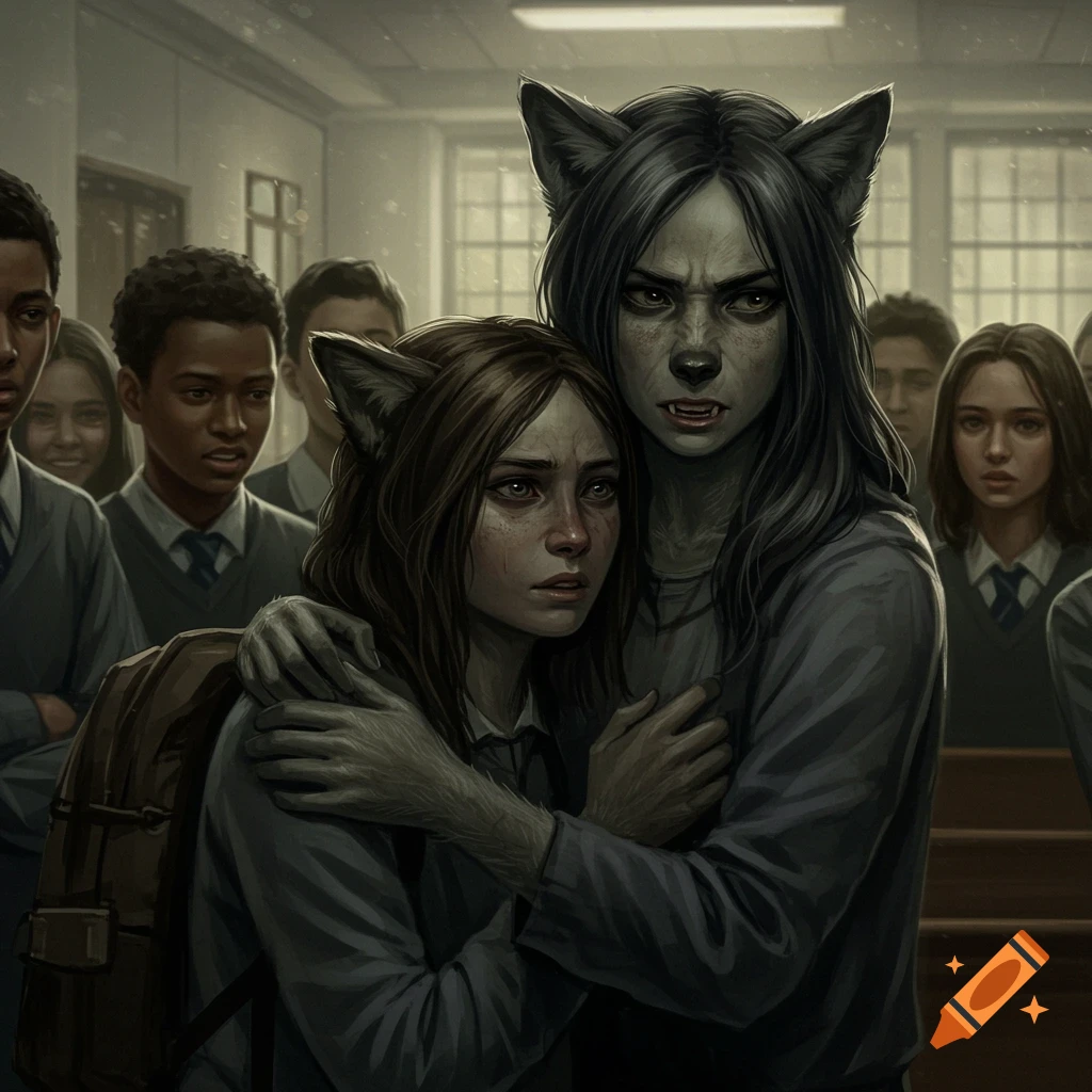 Two figures with wolf ears embrace among other students in a school. One figure is more wolf-like.