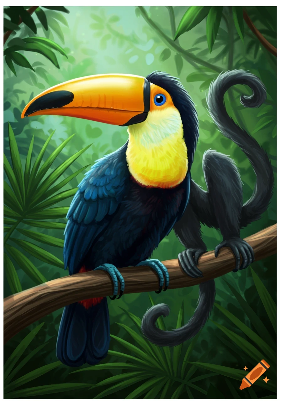 Illustration of a toucan and spider monkey hybrid perched on a branch in a lush jungle.