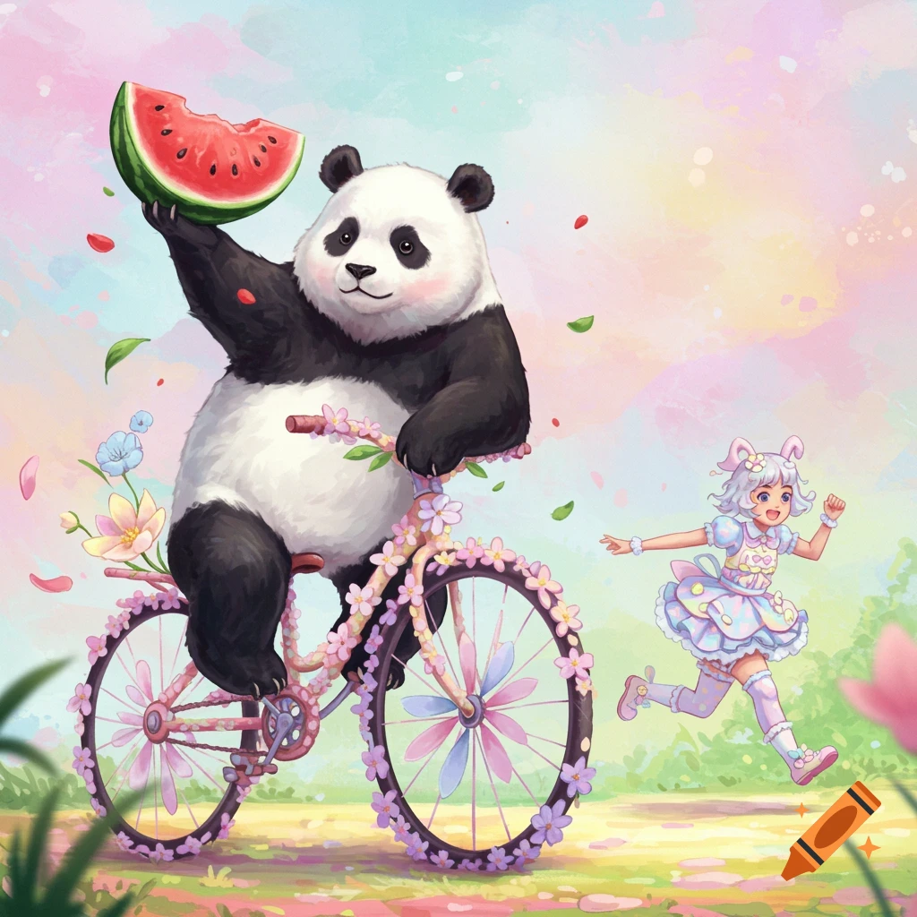 A watercolor illustration of a panda on a flower-decorated bicycle holding watermelon, chased by a girl.