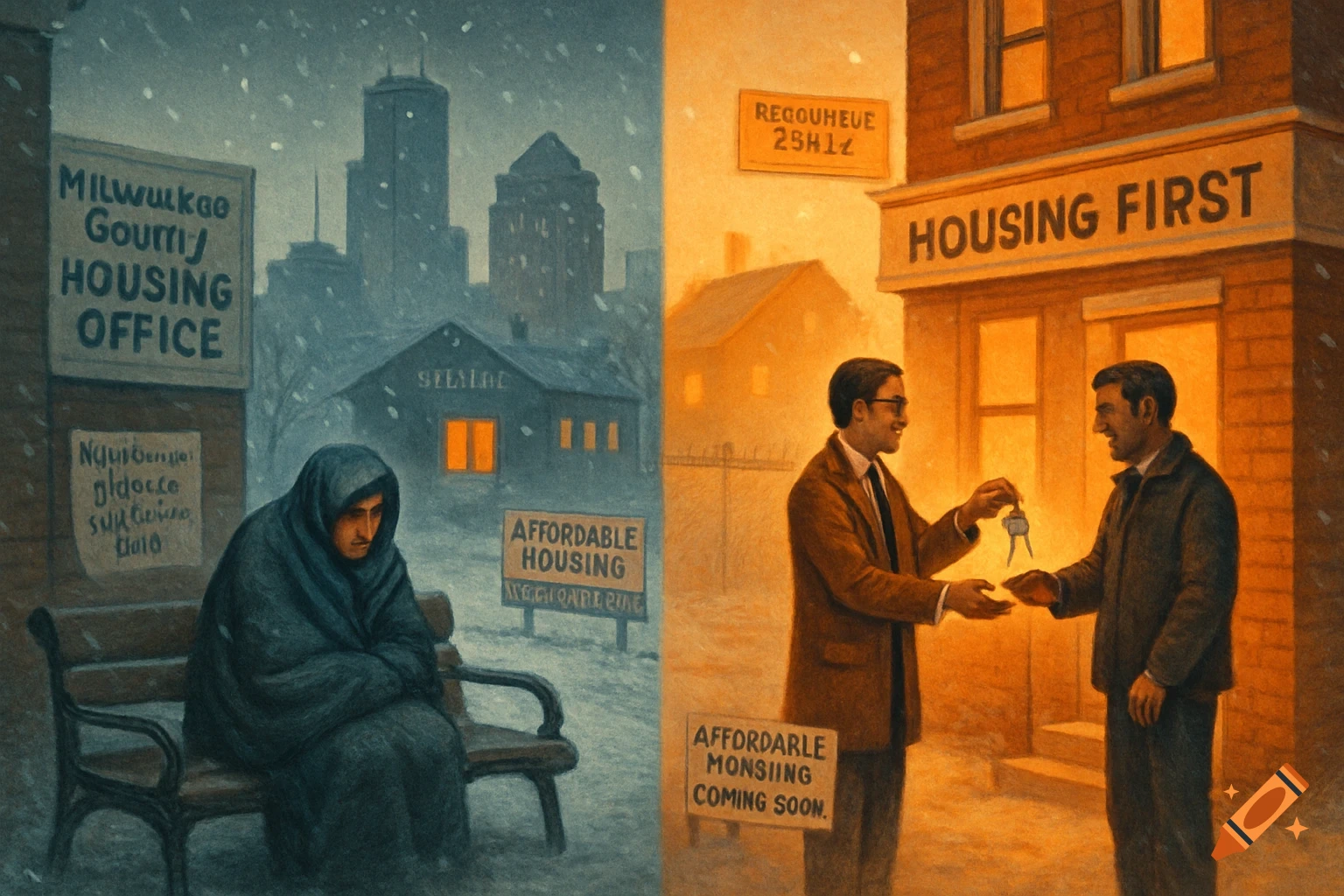 Image contrasting a person on a cold park bench in winter and a person receiving keys to housing, showing themes of homelessness and assistance.