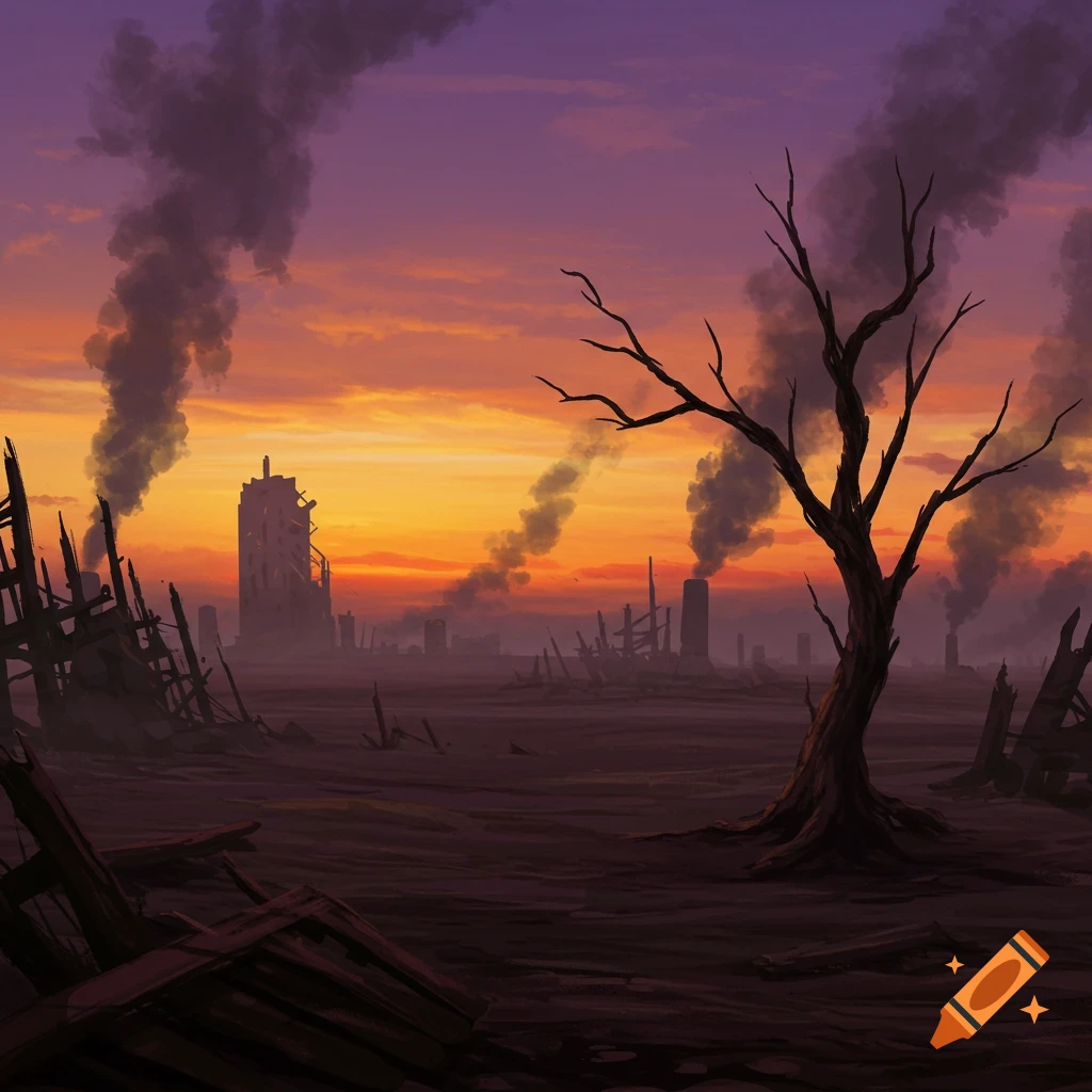 A destroyed city landscape under an orange and purple sky with smoke rising from structures and a dead tree in the foreground.