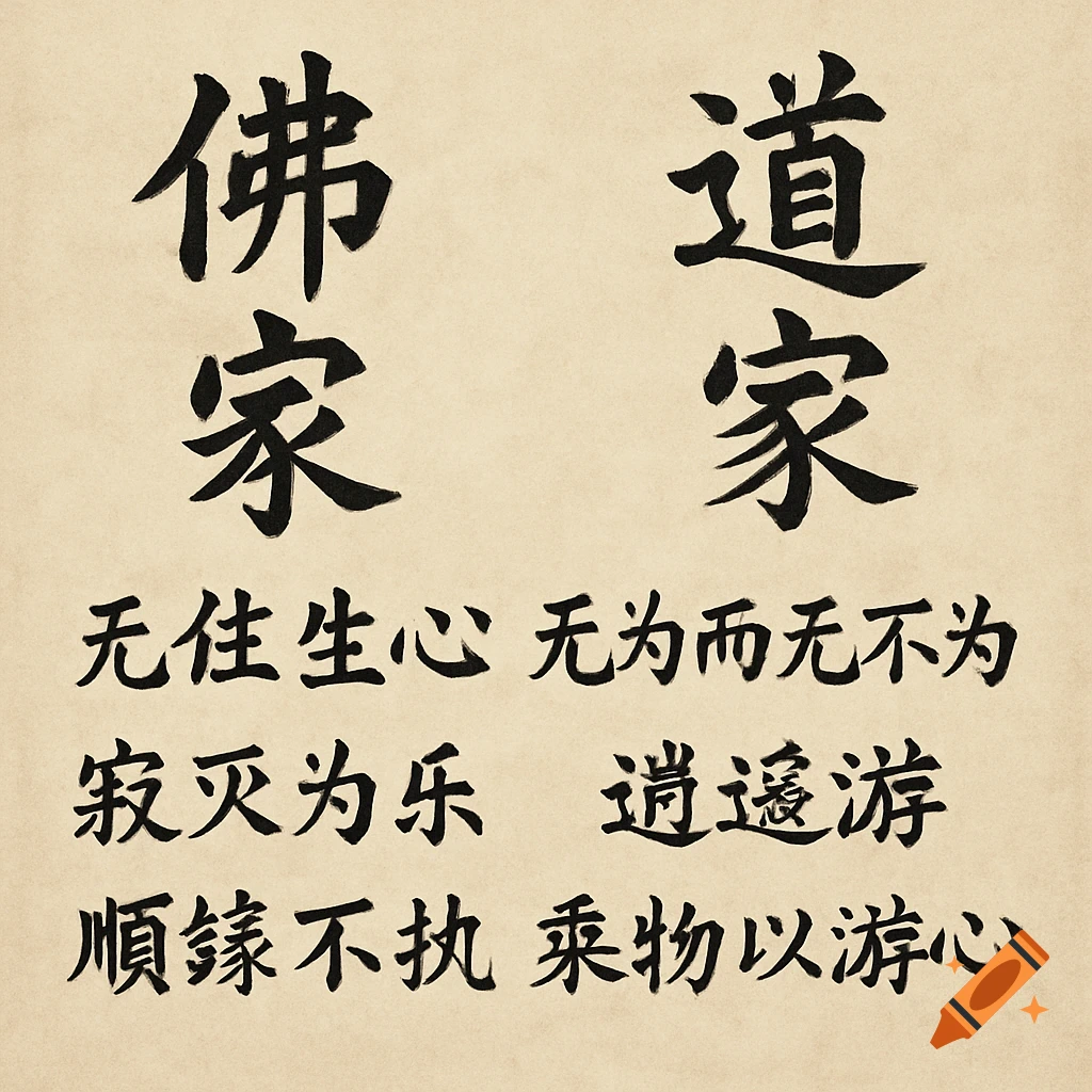 Chinese calligraphy of Buddhist and Daoist phrases on paper.