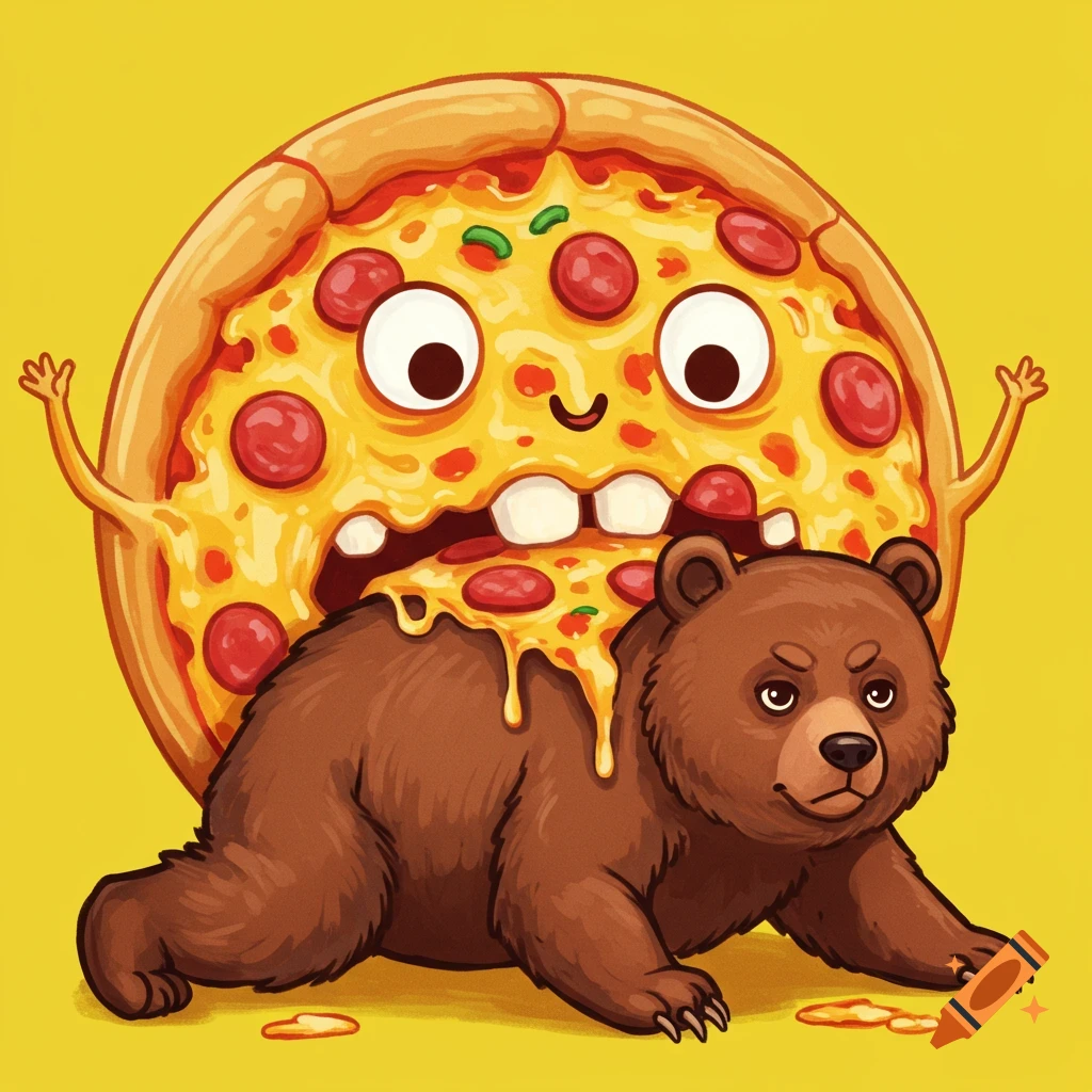 Cartoon pizza character with eyes and mouth eating a brown bear on a yellow background.
