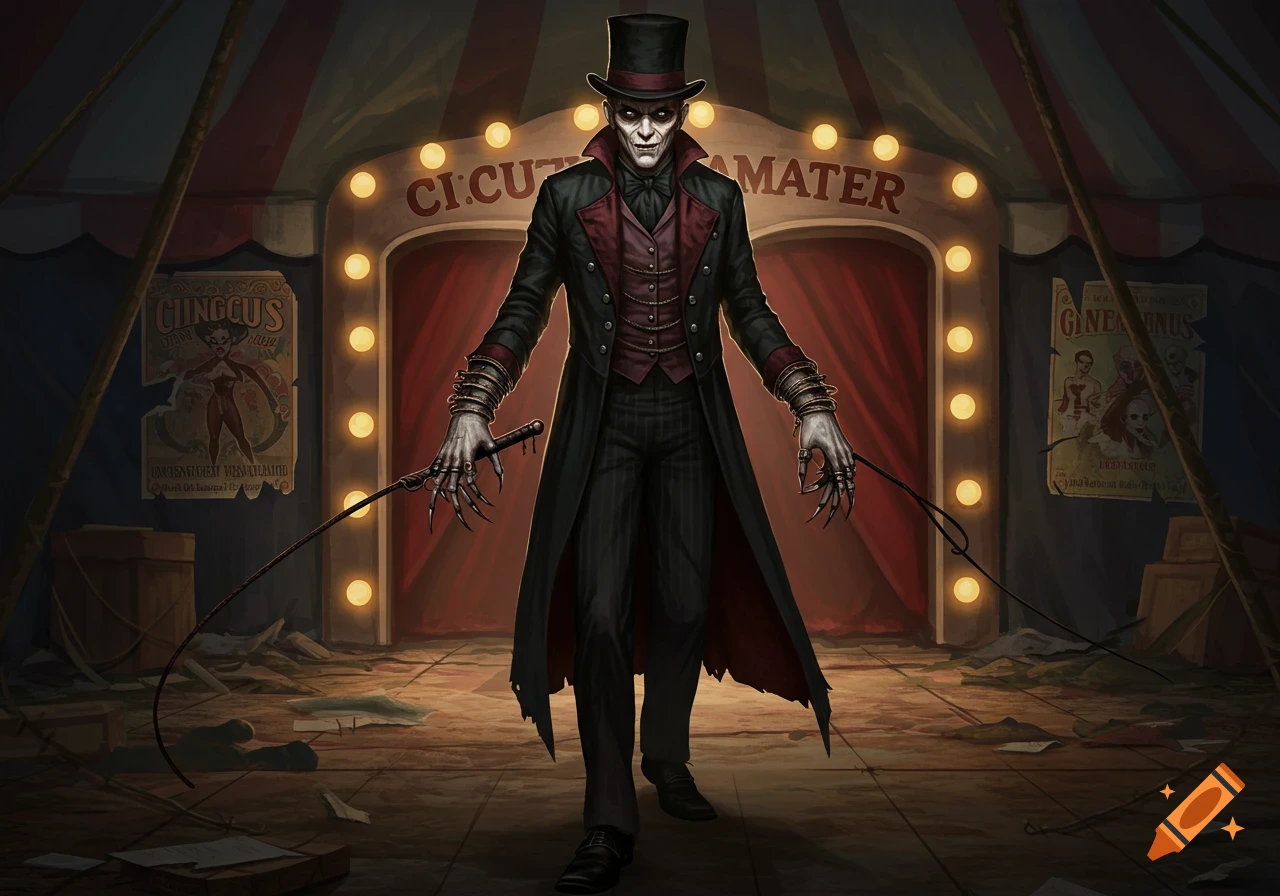 A creepy circus master with clawed hands stands outside a circus tent at night.