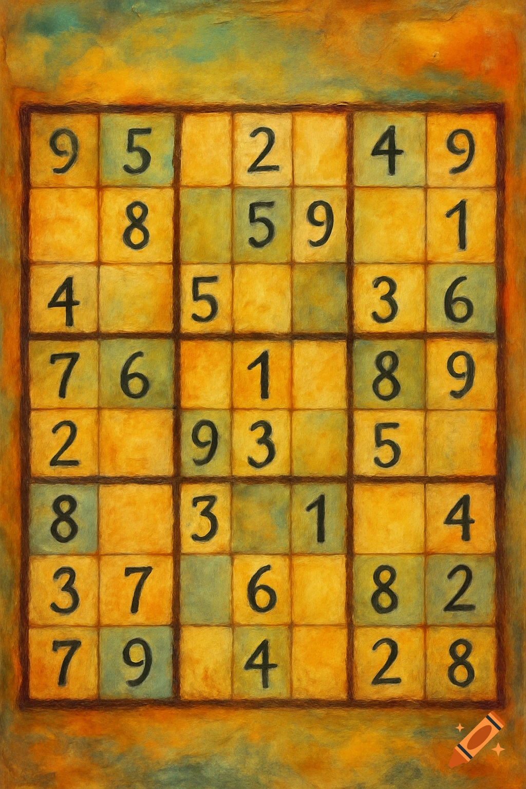 A Sudoku puzzle grid filled with numbers in a painterly style.