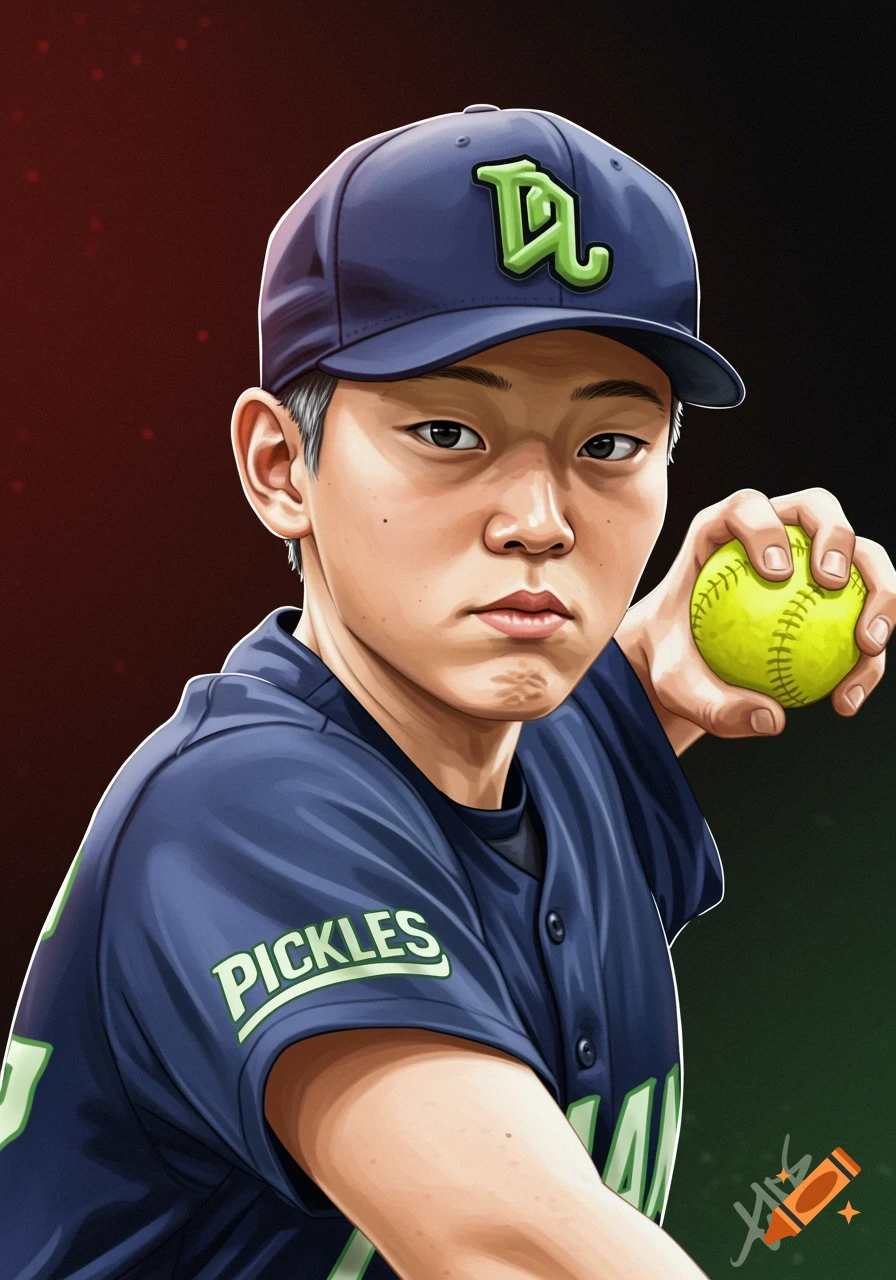 Close-up illustration of a young male softball player in a dark blue uniform, holding a ball.