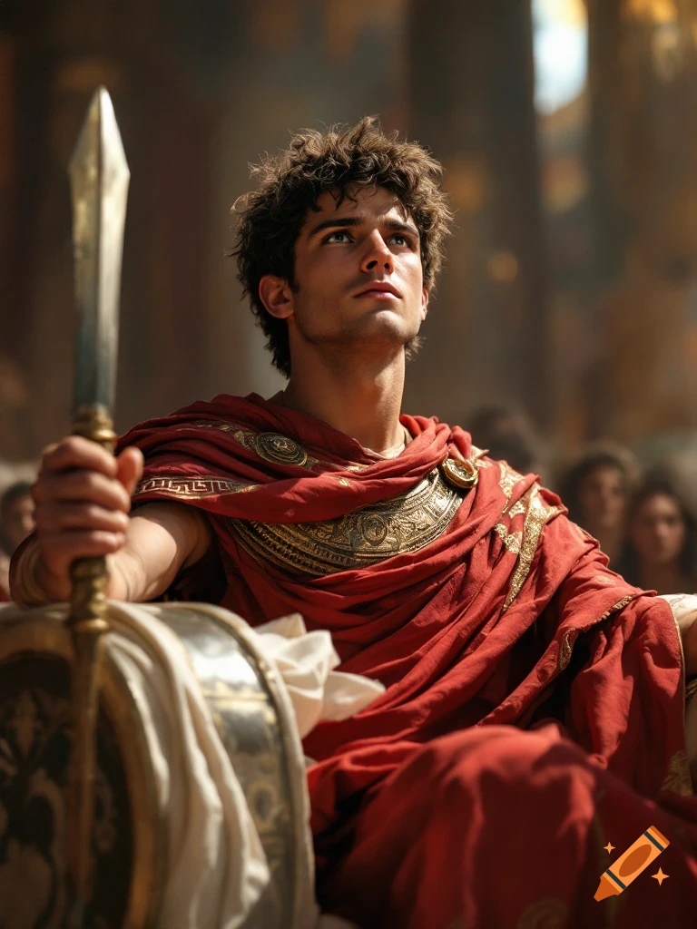 Young man in Roman attire holding a spear looking up, photorealistic